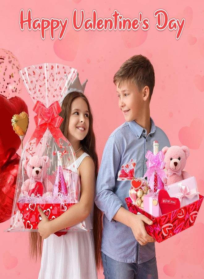 Hallswl 12 Set Valentines Day Empty Gifts Baskets with Cellophane Basket Bags and Bows Ribbons,Red Pink Heart Market Tray Cardboard Gift Basket Bulk Empty To Fill For Valentine's Day Birthday Wedding Decor - Image 5